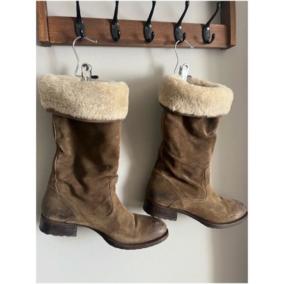 N.D.C. Shearling Lined Stack Motto Brown Suede Boots Size 7 - Picture 2 of 8